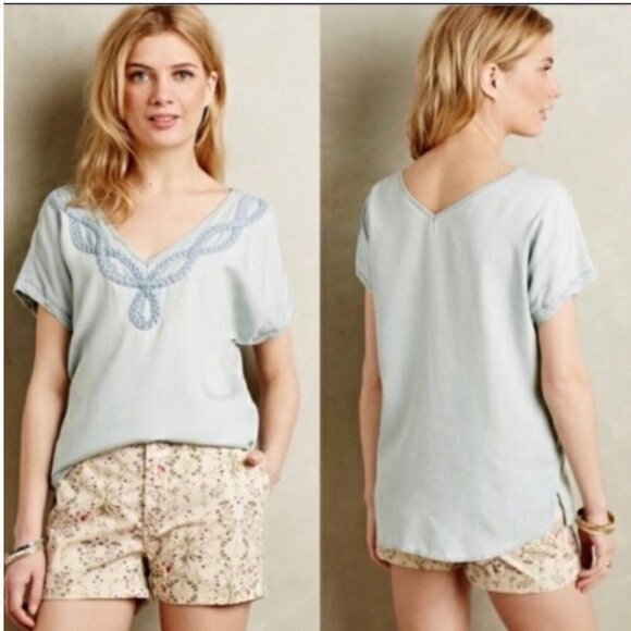 Anthropologie Holding Horses Women Top Medium Braided Light‎ Blue Chambray - Picture 1 of 9